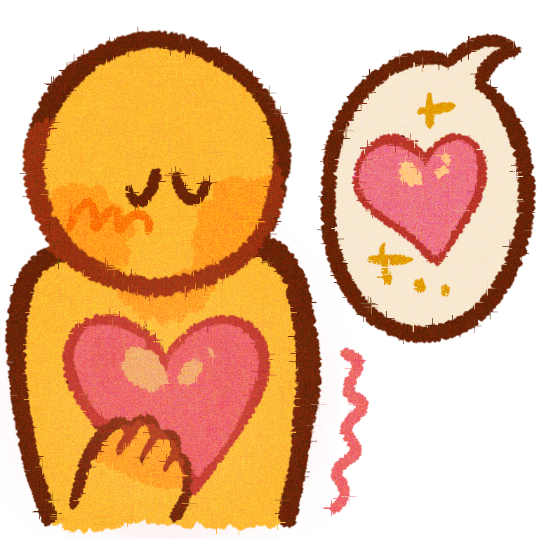 A yellow person holding a light pink heart in their chest , next to them there is a speech bubble coming from a third party with a light pink heart & sparkle around it .